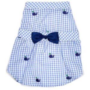 A blue and white checkered shirt with a bow tie.