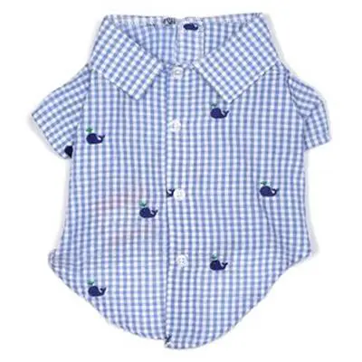 A blue and white checkered shirt with whales on it.