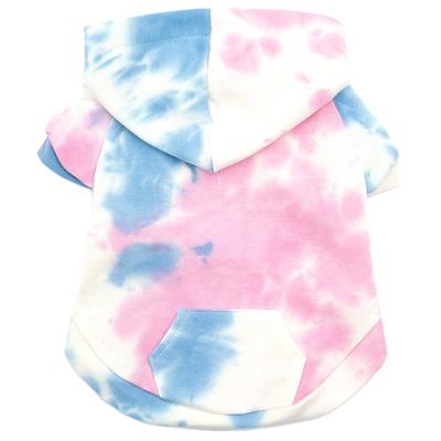 A pink and blue tie dye hoodie for dogs.