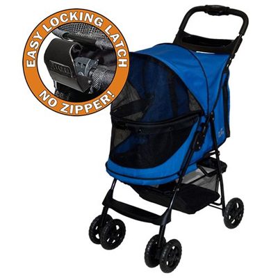 A blue stroller with wheels and a black frame.