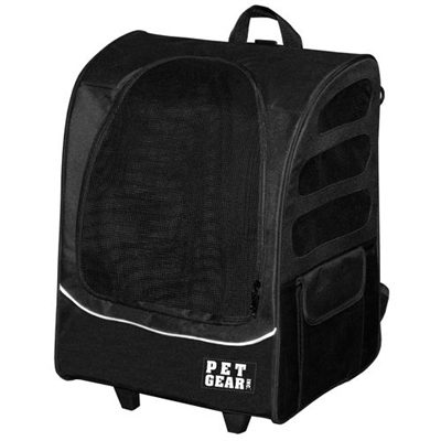 A black pet gear roller backpack for dogs.
