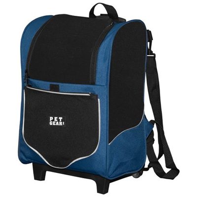 A blue and black backpack with wheels