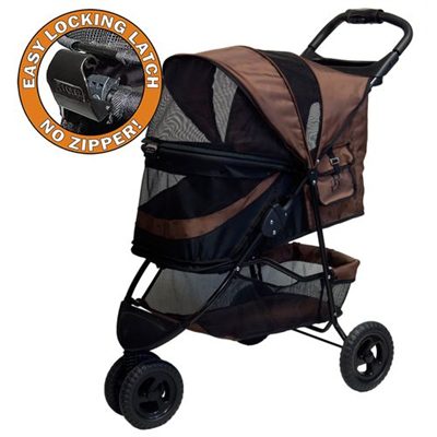 A dog stroller with wheels and zippered storage compartment.