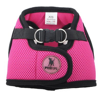 A pink harness with black trim and buckles.