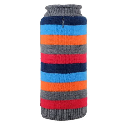 A colorful striped sweater is sitting on the floor.