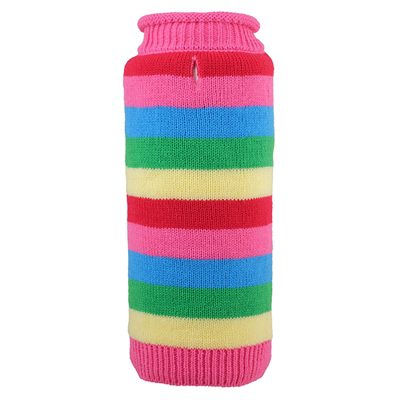 A colorful bottle of water with a rainbow colored stripe.