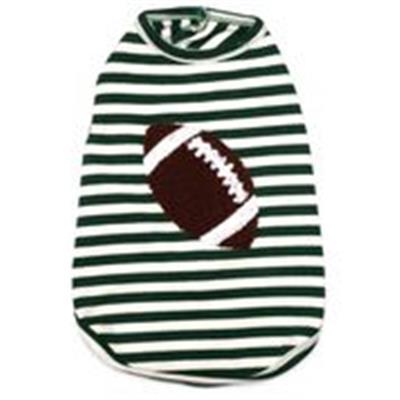 A striped football shirt is shown on the white and green background.