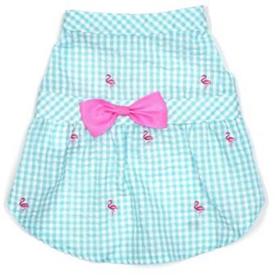 A blue and white checkered dress with pink bow.