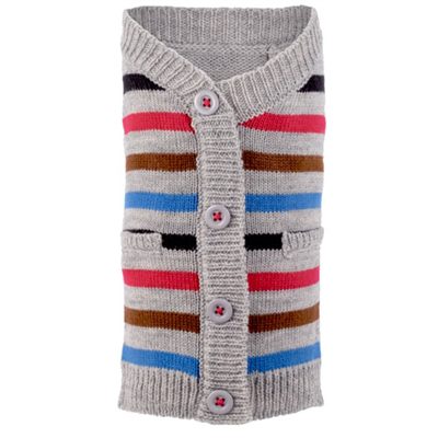 A sweater vest with buttons and stripes on it.
