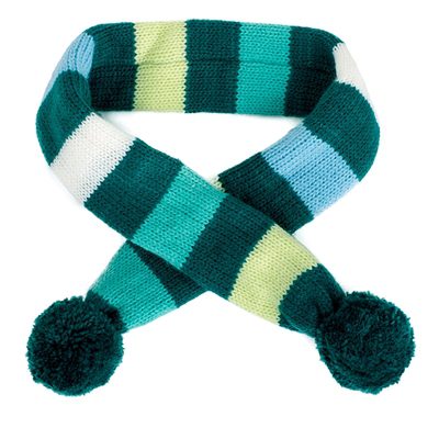 A green striped scarf with pom poms on it.