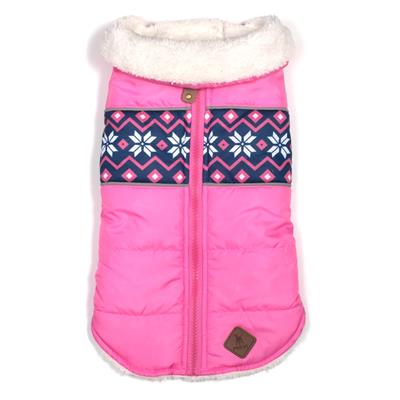 A pink dog coat with a white and blue pattern on it.