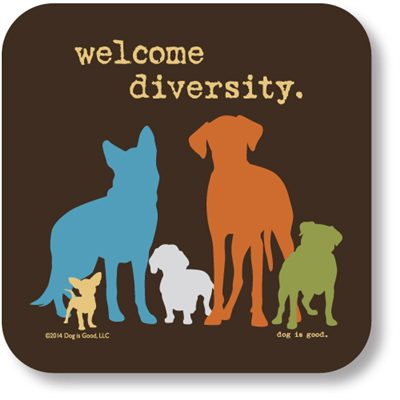 A brown square coaster with different colored dogs and text.