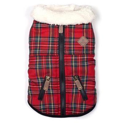 A red plaid dog coat with white fur.