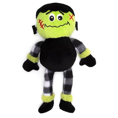 A stuffed toy of frankenstein with black and white stripes.