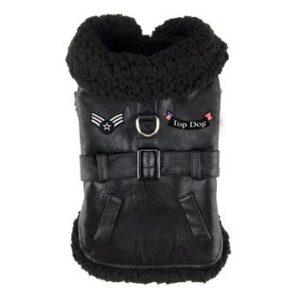 A black leather vest with fur on top of it.