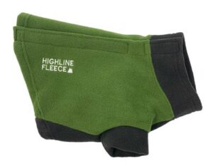 A green and black dog coat with the words highline fleece on it.