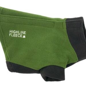 A green and black dog coat with the words highline fleece on it.