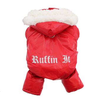 A red dog coat with white fur on top of it.
