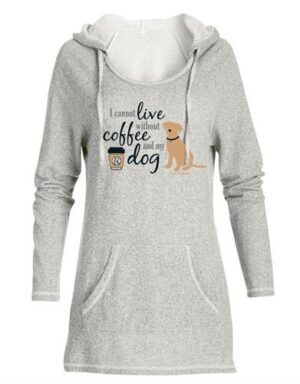 A women 's hoodie with a dog and coffee.