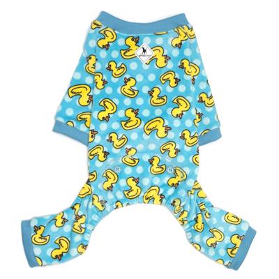 A blue dog pajamas with yellow ducks on it.