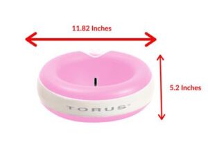 A pink and white plastic ashtray with the measurements of each.