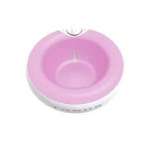 A pink bowl with a white rim and a button.