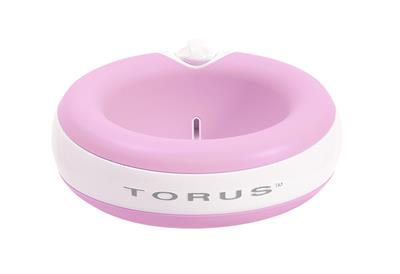 A pink and white round ashtray with the name " torus ".