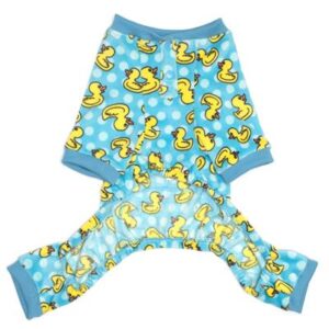 A blue dog pajamas with yellow ducks on it.