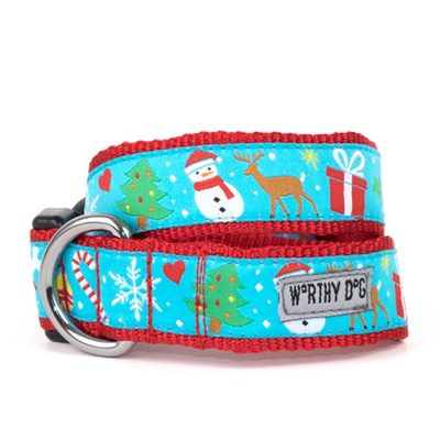 A dog collar with christmas themed fabric.