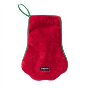 A red and green towel is hanging on the wall.