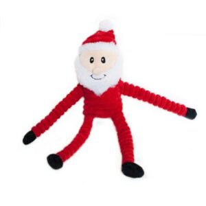 A red and white stuffed santa claus toy.