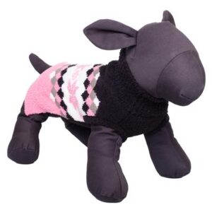 A black stuffed animal with pink and white sweater on it.