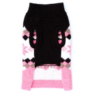 A black and white sweater with pink accents.