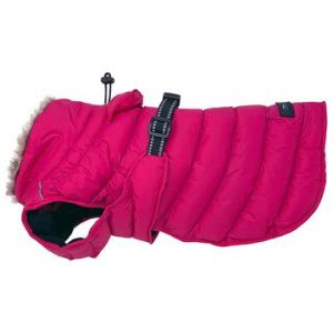 A pink coat with fur collar and buckle on the side.
