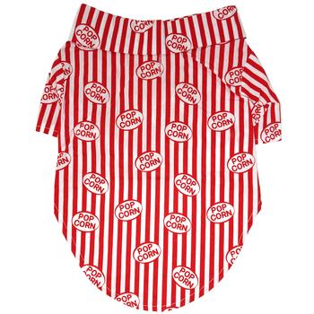 A red and white striped shirt with the words " pop corn ".