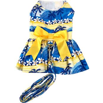 A blue and yellow dress with a bow on it.