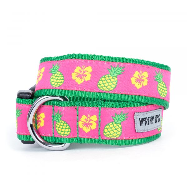 A pink and green dog collar with pineapples.