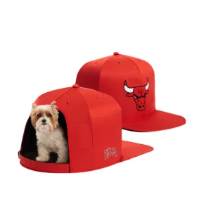 A dog sitting in its bed inside of a hat.