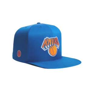 A blue hat with an orange and white basketball on it.