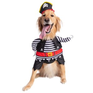 A dog wearing a pirate costume and sticking out its tongue.