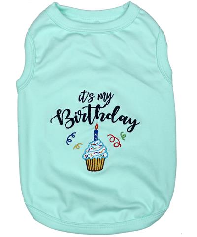 A light blue shirt with a cupcake and candles on it.